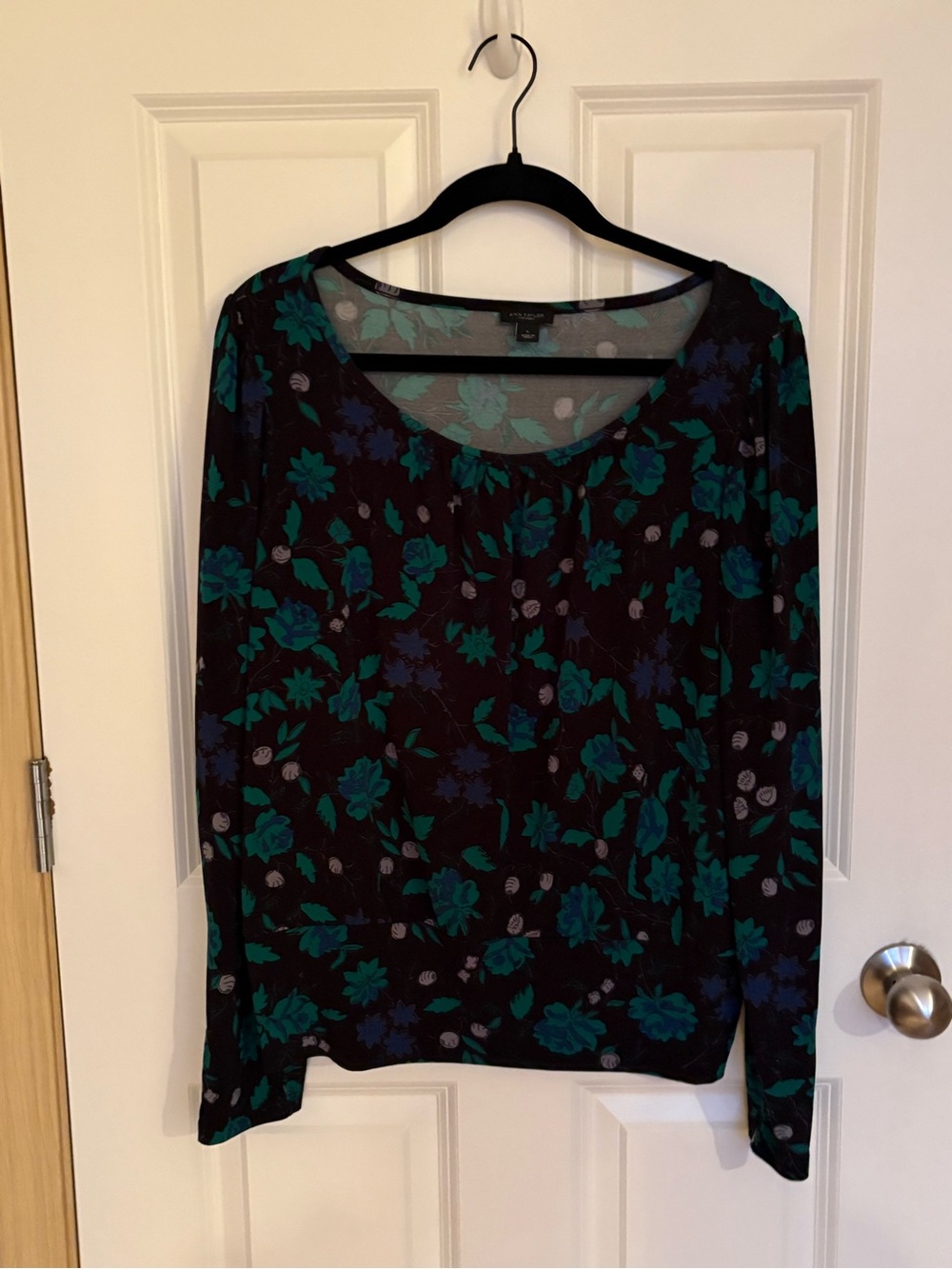 Ann Taylor Black Long-Sleeve Top with Teal & Navy Floral Print